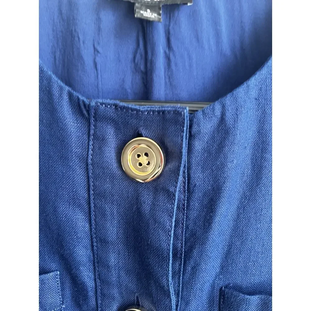 J.CREW Dress Button Front Shift Dress 100% Linen Navy Sleeveless Gold Buttons S